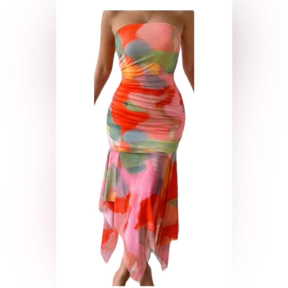 Strapless Multicolor Abstract Print Midi Dress